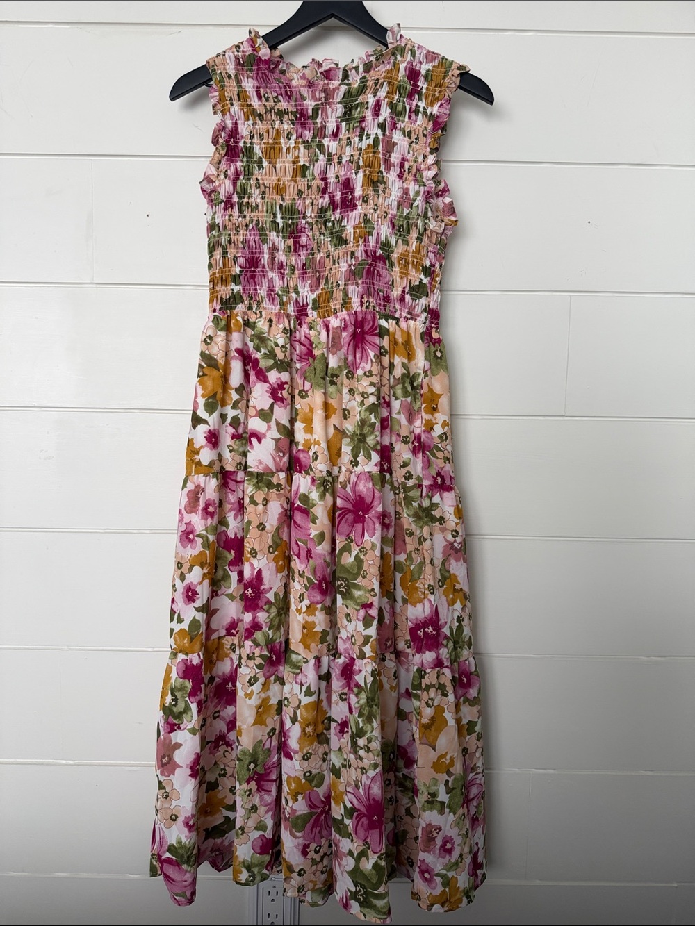 Floral Pink & Mustard Midi Dress - Smocked Bodice